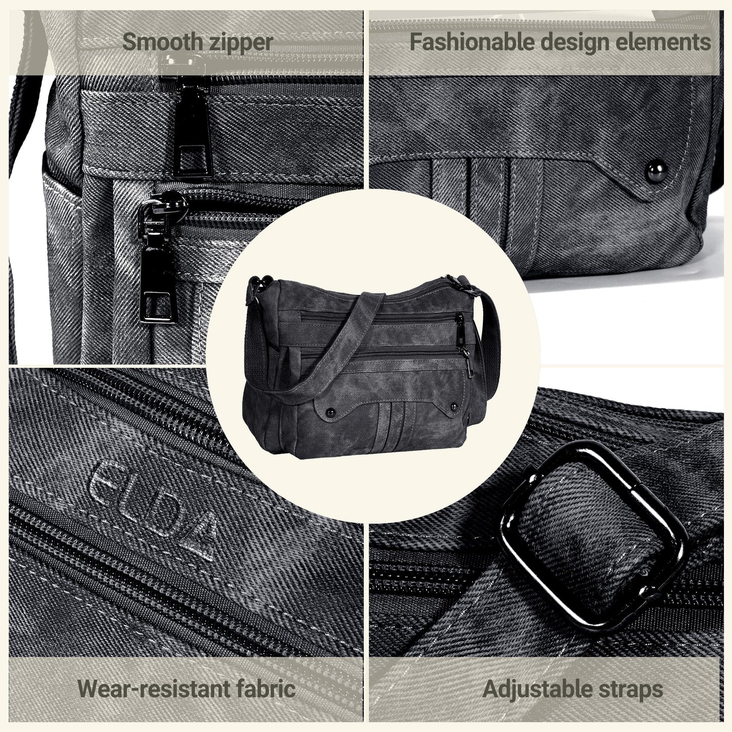 ELDA Crossbody Purses for Women PU Leather Denim Shoulder Handbags Waterproof Travel Bag Ladies Lightweight Medium Pocketbook (Black)