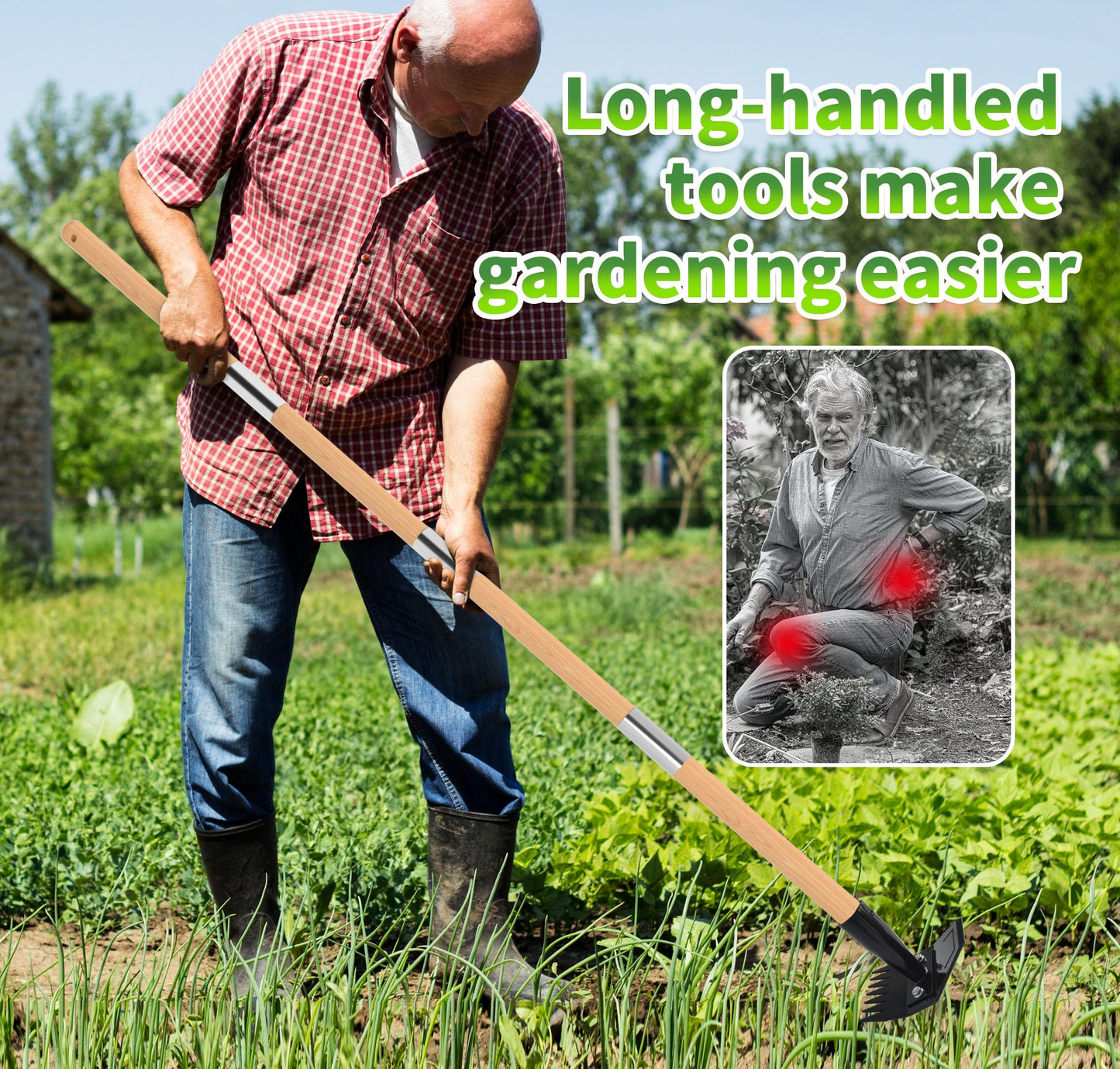 Weed Puller Tool with Long Bamboo Handle, 2 in 1 Garden Hoe&Manual Weed Remover, Weed Rake&Grabber, Gardenia Heavy Duty Uprooting Tool for Yard, Lawn and Garden, 65Inch ﻿