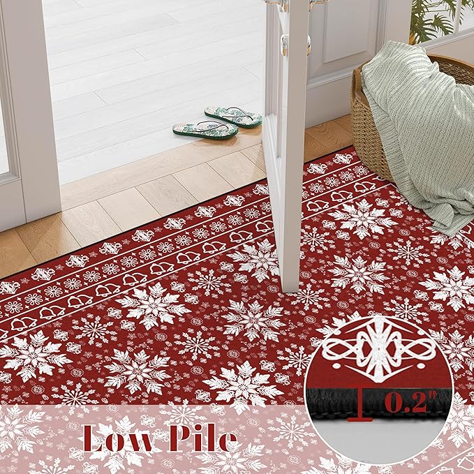 5' X 7' Christmas Rugs Xmas Area Rug for Living Room Bedroom Dining Room Dorm Classroom Nursery Red Snowflake and Plaid Carpet Doormat Floor Mat Pad Winter Vintage