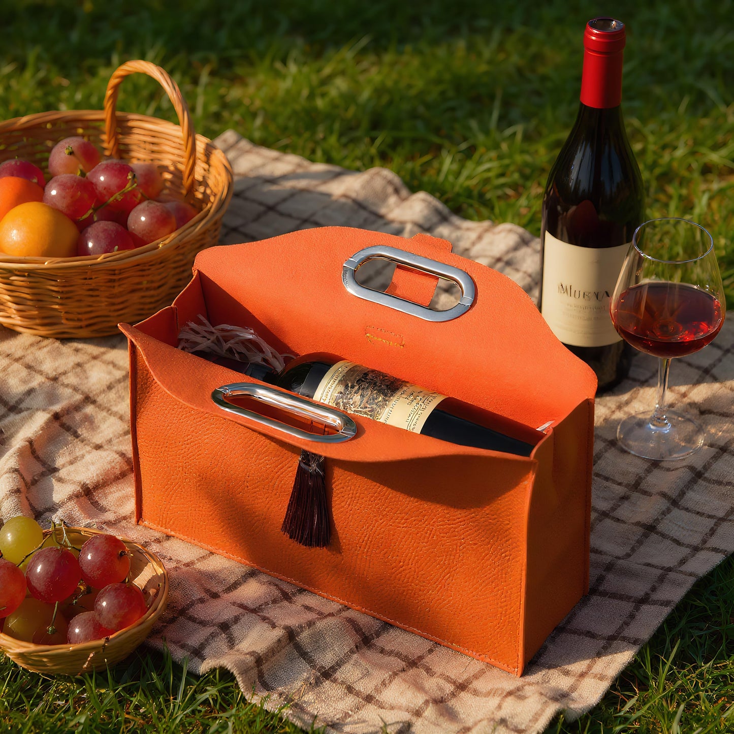 HiCrast Orange Leather Wine Tote Bag – 13x11x4 inch Portable Wine Carrier with Built-In Divider for 1-2 Bottles, Elegant Wine Travel Bag and Double Wine Gift Bag for Weddings, Parties & Picnics