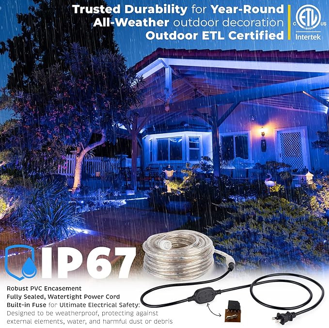 WYZworks 3312LEDs 300ft LED Outside Rope Lights, Outdoor ETL Certified Waterproof Permanent 360 Degree Light Emitting, Flexible Tube, Connectable, Christmas Palm Tree Exterior Landscape, Blue