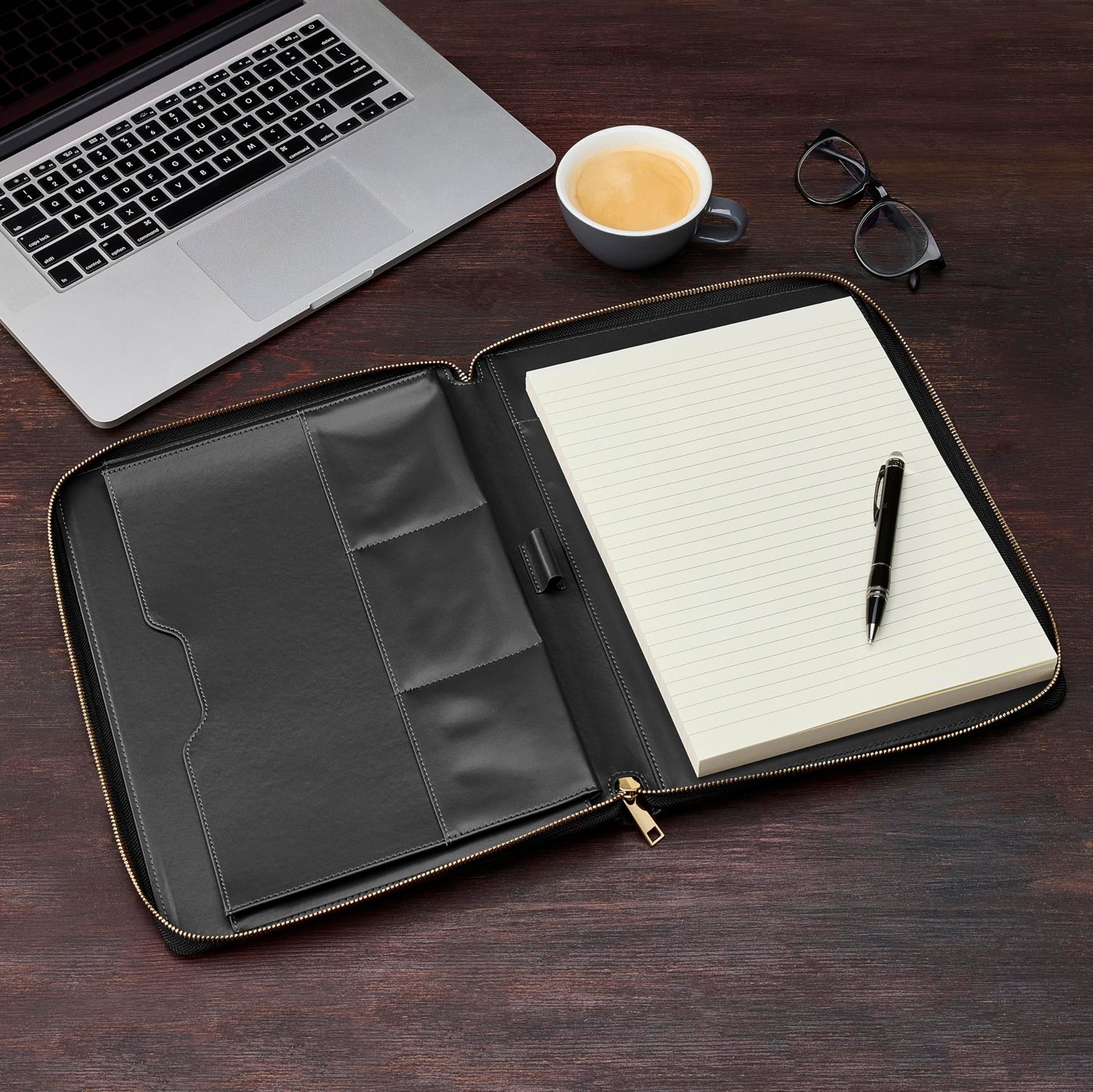 Gallaway Leather Genuine Leather Zippered Portfolio Organizer, Executive Business Binder Padfolio for Men and Women, Holder for Notebook Planner,Resume,Documents,Cards and iPad (Black)