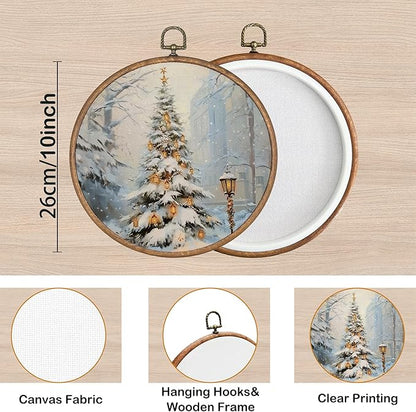 KSDUT Vintage Christmas Wall Decor Art - Retro Snow Christmas Tree Wall Art Canvas Frame Hanging Prints, Merry Xmas Holiday Round Wall Art Decor for Home Farmhouse Decorations 10"x10"