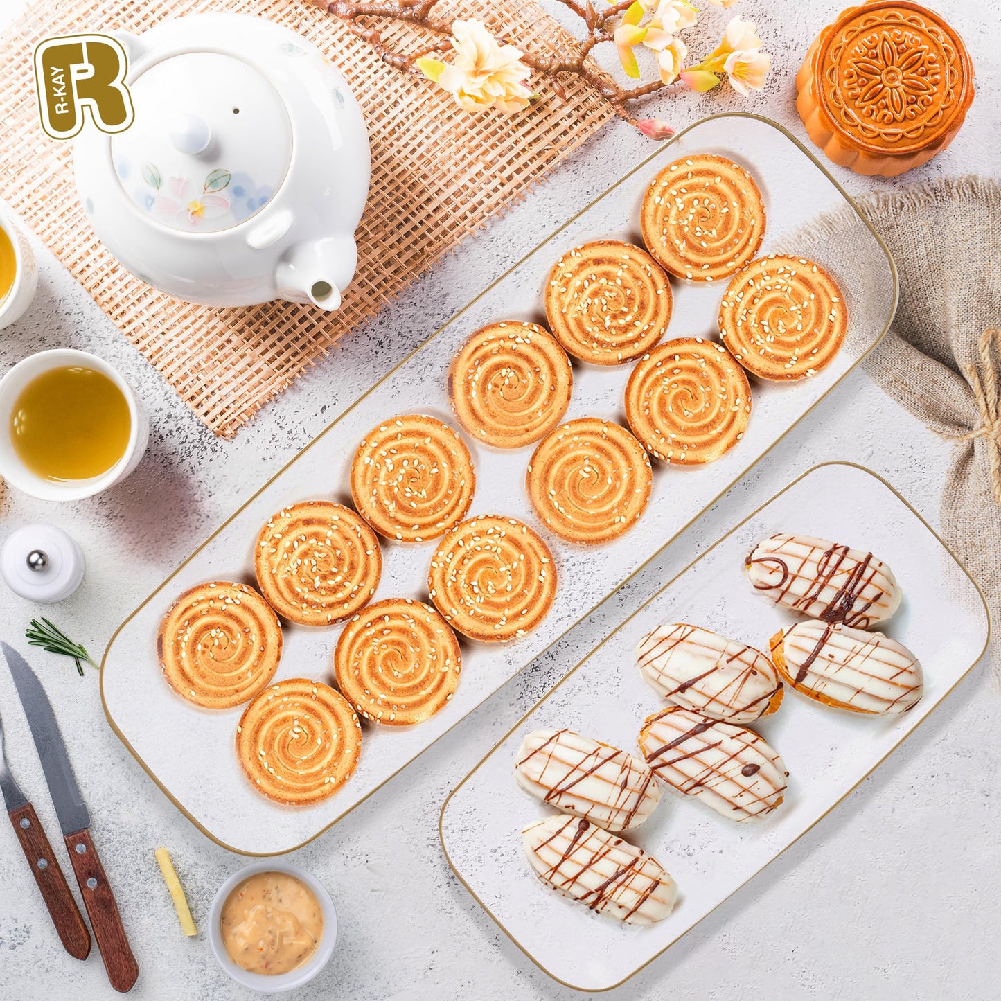 R-kay 4 Pack Plastic Serving Trays For Party - Gold Serving Tray 17 by 6.5 Inch - Heavy Duty Clear Trays For Food - Long Party Serving Trays For Entertaining - Clear Platters