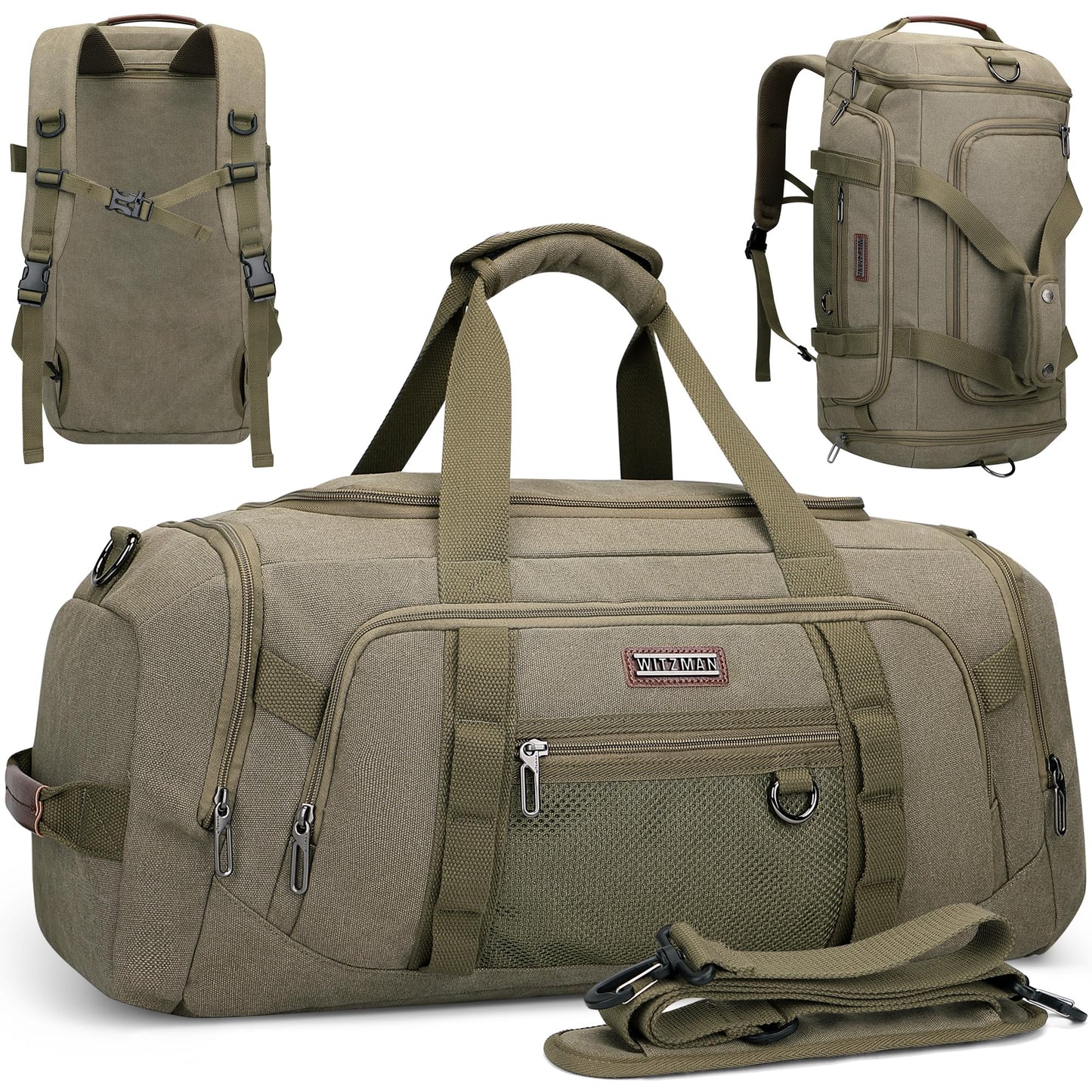WITZMAN Canvas Duffel Bags for Men Traveling 3 in 1 Backpack Carry-on 40L Weekender Overnight Bag with Shoe Compartment(A8006/2 Army Green)