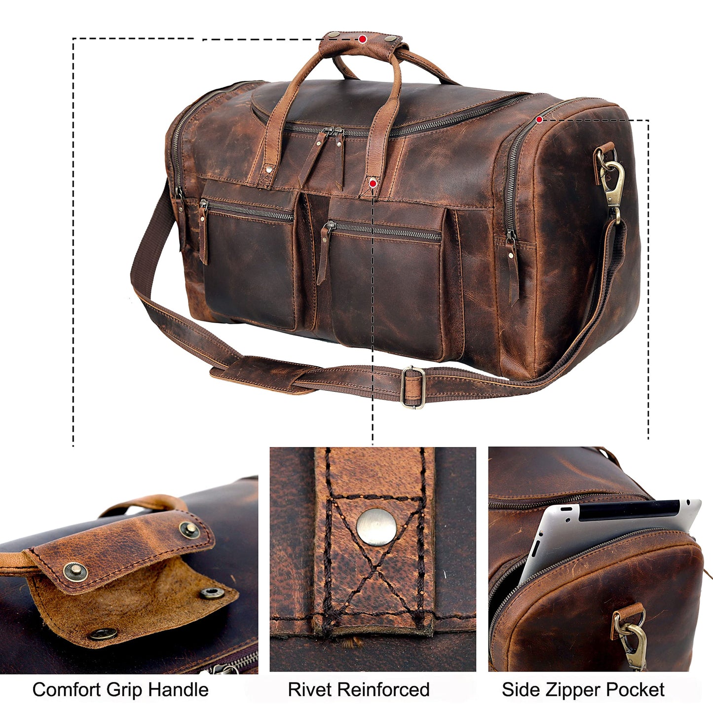 28" Vintage Duffel Classic Style with Modern Outlook Retro Thick Full Grain Cowhide Handmade Airplane Underseat Carry On Bags Leather Gym Overnight Luggage Bag (24 inch)