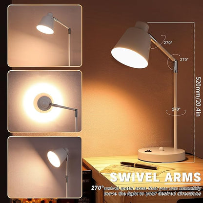 LED Desk Lamp with Dual USB Charging Ports, 100% Metal, 270° Swivel Arms, Soft White Light (3000K), Bedside Reading Lamp, Home Office Lamp(White)