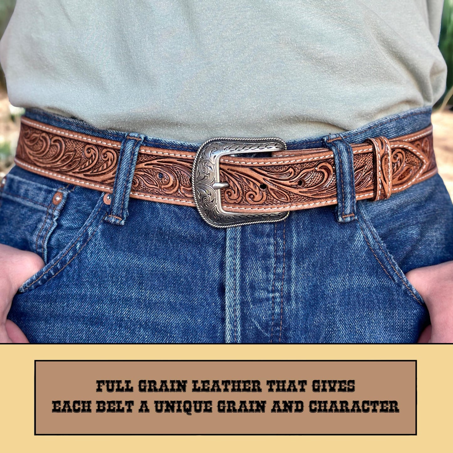DANIEL'S ARTPLANET Western Belt for Men 1.5” Wide Full Grain One Piece Leather Belt with Buckle Handmade Engraved Tooled (Brown, 40)