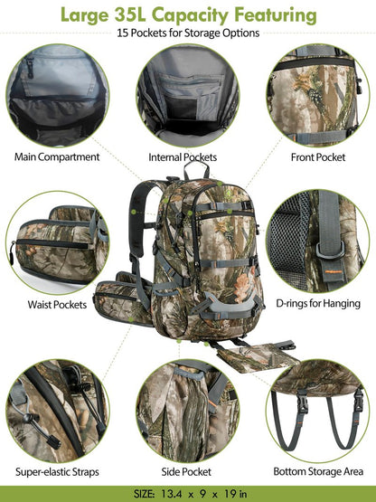 Camo Hunting Backpack for Men, 35L Durable Hunting Pack, 600D Daypack with Rain Cover, Interal Frame Support