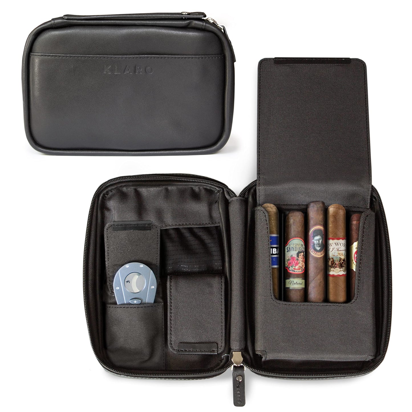 CASE ELEGANCE Klaro Travel Leather Cigar Case, 5 Cigar Storage, 2 Accessory Pockets, Humidification Pocket, Internal Hard-Shell Protection - Black