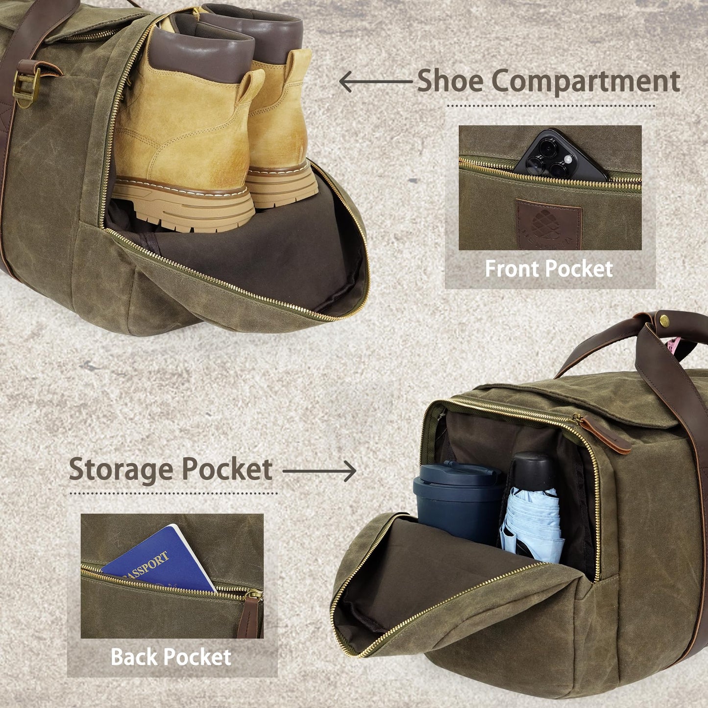 Densata Duffle Bag for Travel, 50L Waxed Canvas Duffle Bag Vintage Travel Bag Overnight Bag with Shoes Compartment Men (Vintage Grey, Large-50L)