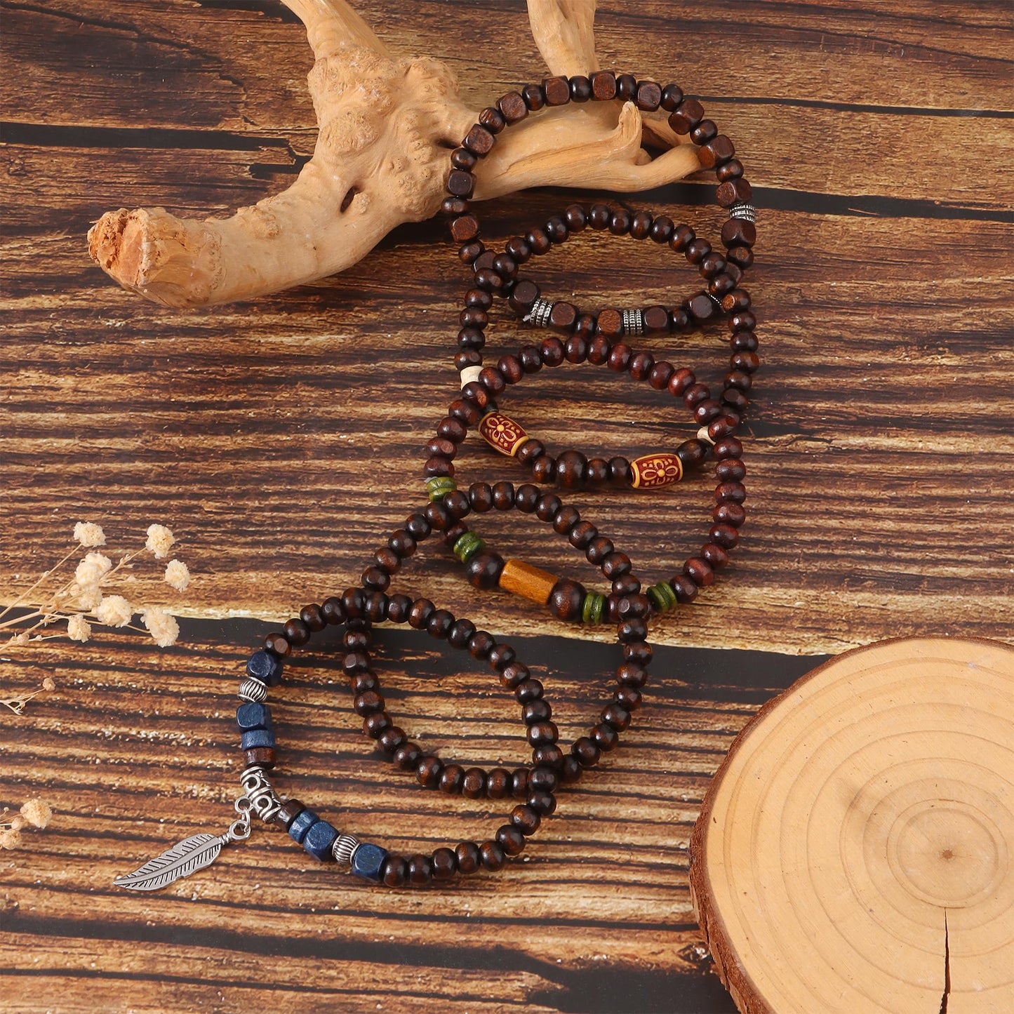 FIRAZIO 32 Pcs Wooden Beaded Bracelets for Men Adjustable Pulseras Para Hombres Set, Mens Bracelet Meaningful Gift