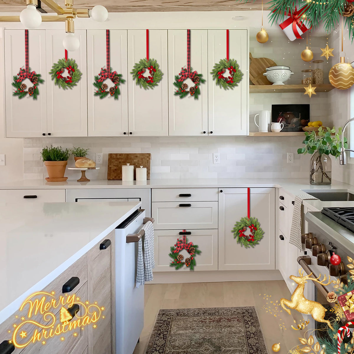 Ogrmar 12 Pcs Mini Christmas Kitchen Cabinet Wreaths with Ribbon, 2 Styles Hanging Christmas Wreath, Small Kitchen Xmas Decoration for Fireplace Kitchen Door Stair Window
