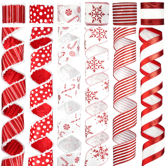 MAYREEL 2.5 Inch Red and White Christmas Ribbon Wired Candy Cane for Christmas Trees Wreaths Tree Toppers Crafts Home Decor Gift Wrapping 6 Rolls Total 36 Yards