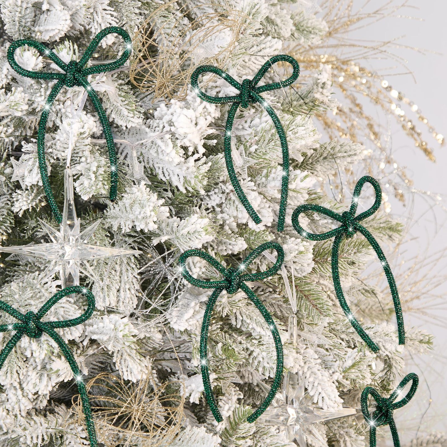FLAIR GIFTS 6 Pcs 4.3" x 6" 2026 Christmas Bows for Tree Decor, Green Sparkly Glitter Rhinestone Bow Ornaments with Twist Tie for Xmas Decoration, Wreath, Garland, Gift Wrapping