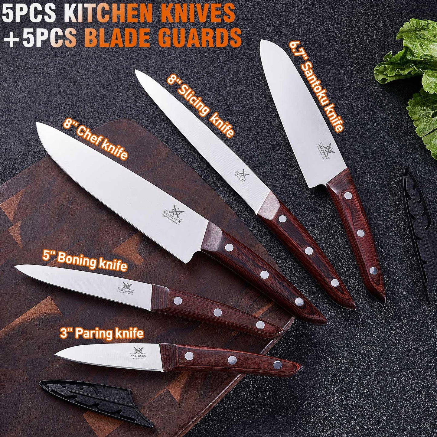 Naitesen 5PCS Professional Kitchen Chef Knife Set with Blade Guards, Wood Handle High Carbon Steel, Sharp for Meat Cutting Home Cooking Gifts for Men Women