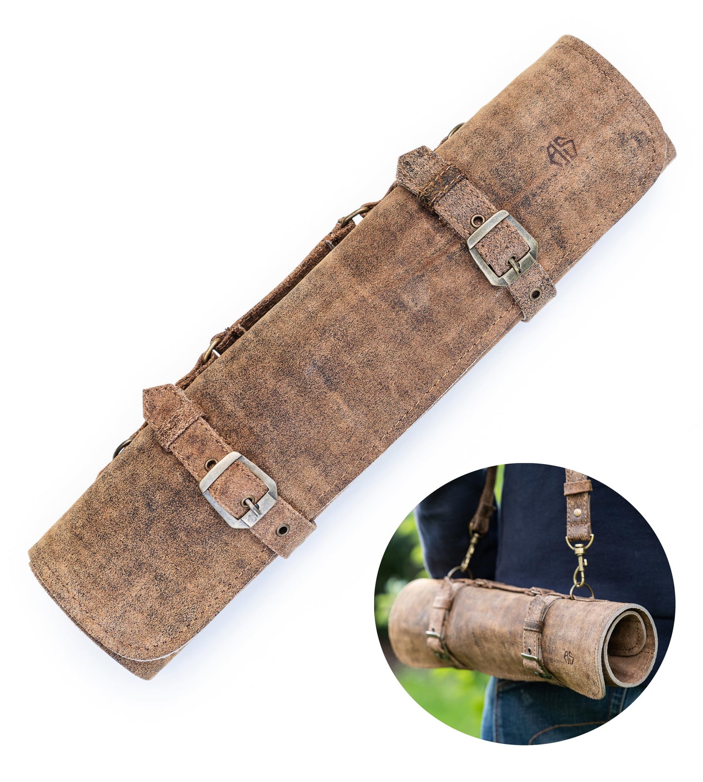 Angus Stoke Knife Roll Bag Genuine Leather – knife case for Chefs 7 slots – Leather Knife with handle and strap Frank (Brown-Antique)