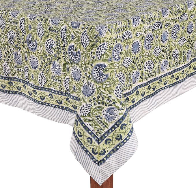 ATOSII Amara Green 100% Cotton Square Fall Tablecloth, Handblock Floral Print Linen Table Cloth for Kitchen Dining I Weddings, Outdoors, Parties, Easter I Fall Decor 60 X 60 Inches I 4 Seater