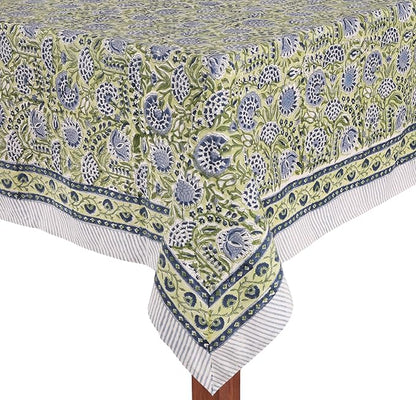 ATOSII Amara Green 100% Cotton Rectangle Fall Tablecloth, Handblock Floral Print Linen Table Cloth for Kitchen Dining I Parties, Weddings, Outdoors, Easter I Home Decor 60 X 90 Inches I 6 Seater