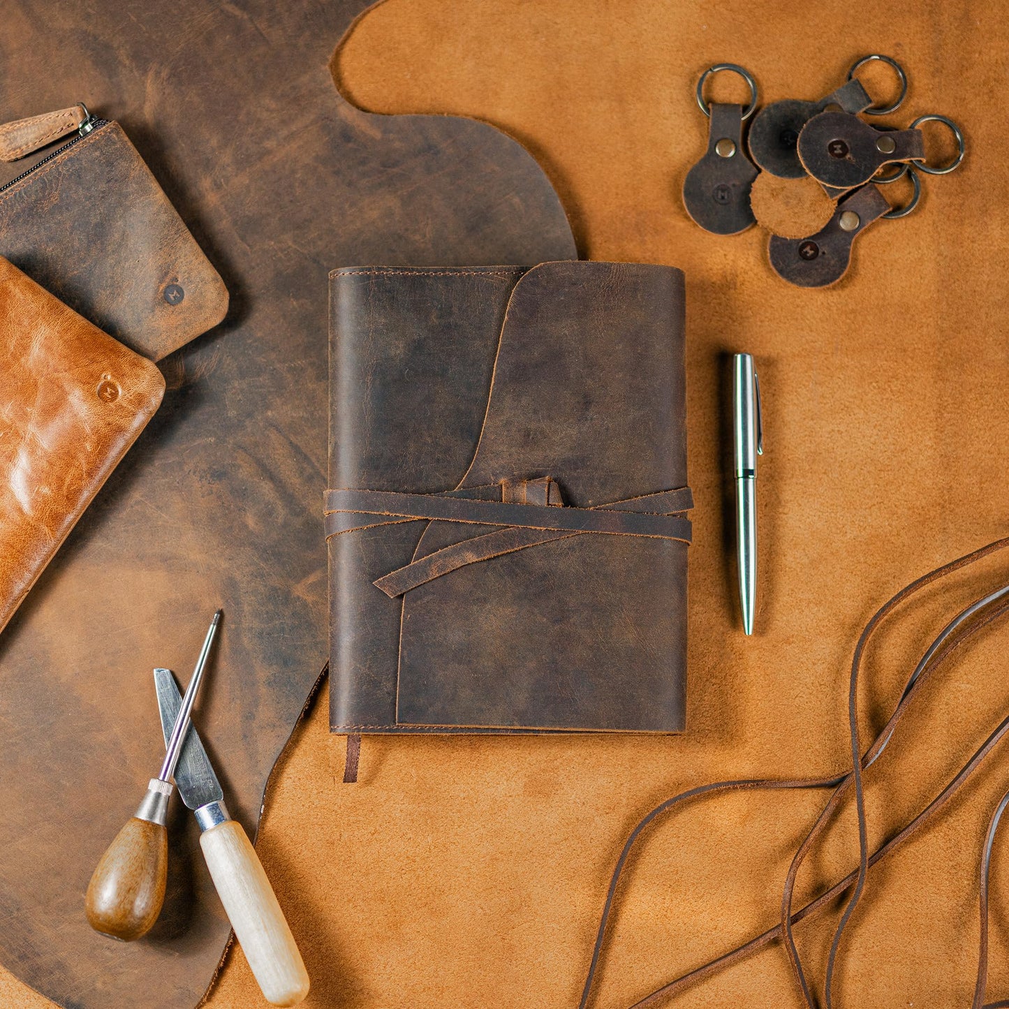 Moonster Leather Journal Refillable Notebook - Writing Journals for Women, Mens Cover with Pen, Bound Lined Paper A5 Travelers Diary, Travel by , Dark Brown