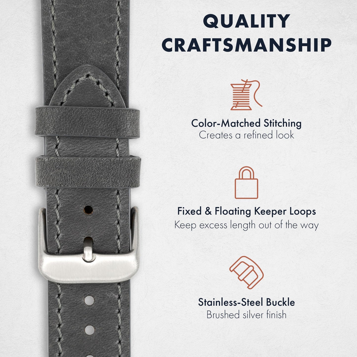 Benchmark Leather Watch Band - Crazy Horse Leather Watch Straps for Men & Women - Quick Release Spring Bars - Choice of Color - 18mm, 20mm, or 22mm Widths (20mm, Grey)