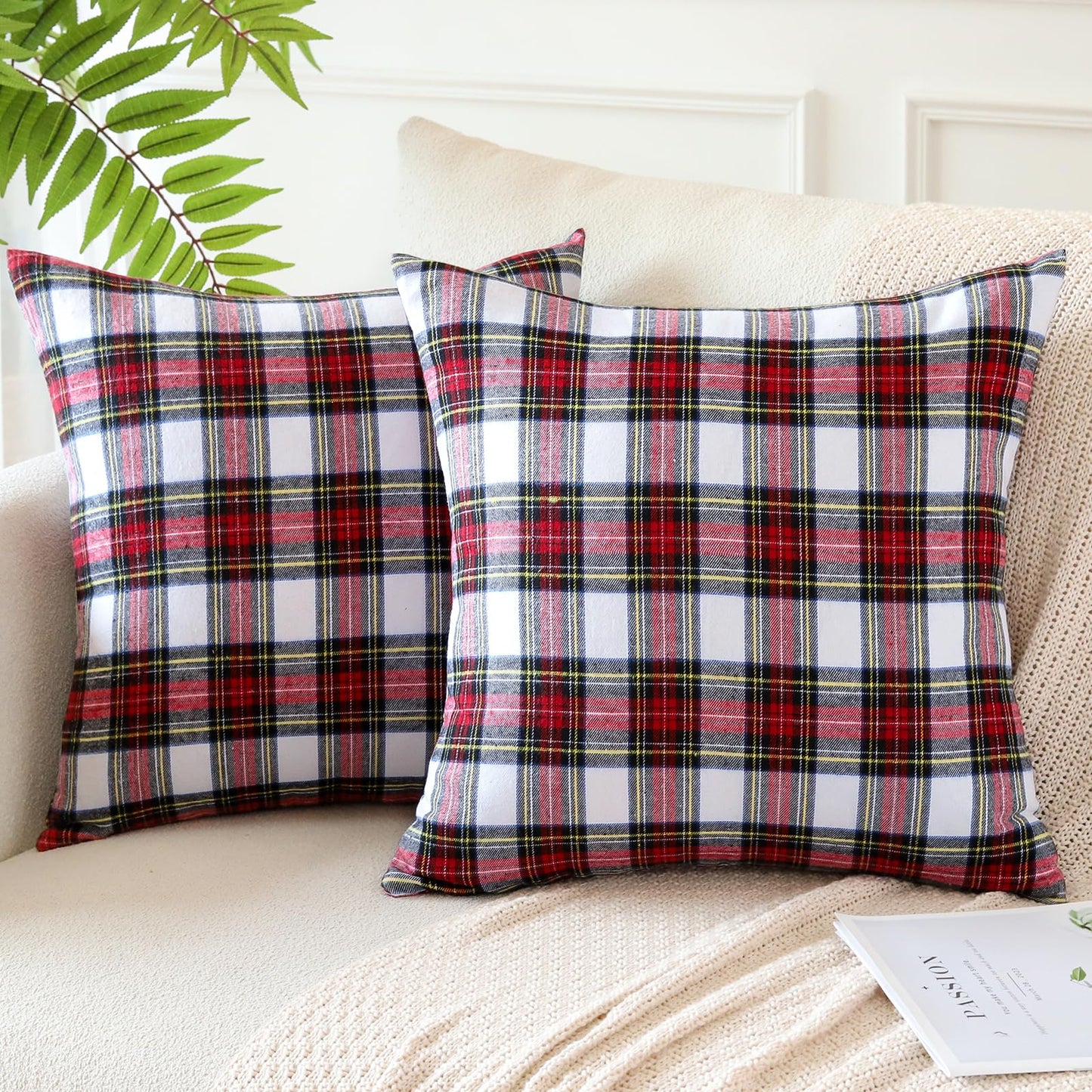 OTOSTAR Christmas Scottish Tartan Plaid Throw Pillow Covers Farmhouse Classic Decorative Square Cushion Cases Soft Pillowcases for Decor Sofa Couch 20x20 Inch Set of 2 (Red White)