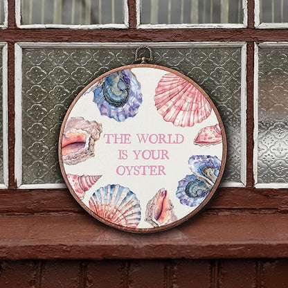 Threegoat The World Is Your Oyster Round Wall Art,Coastal Vintage Oyster Shell Wall Art Decor for Bedroom,Beach Ocean Nautical Framed for Coastal Prints Living Room Bathroom Decorations - A11