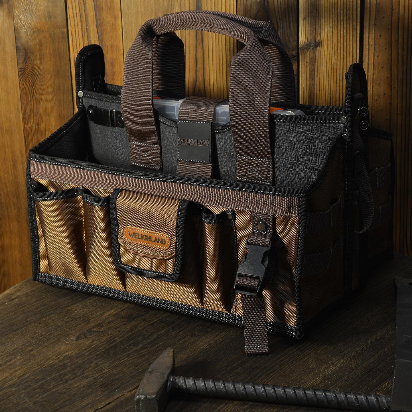 WELKINLAND 20-Pockets Tool Tote Bag, 16" Electrician Tool Bag, Open-Top Tool Bag, Stay-Up HVAC Tools Bag, Brown Tech Tools Bags, HVAC Bag, Tool Tote Bag With Handle