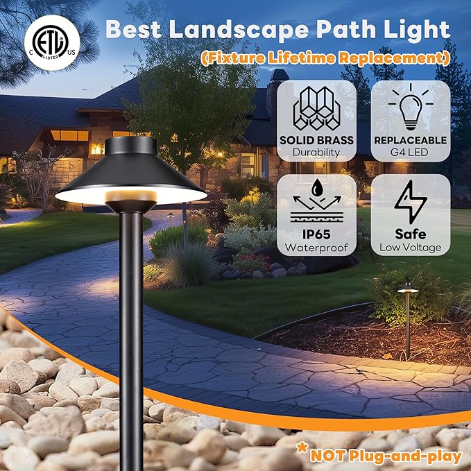 Gardenreet 12v Landscape Lighting Brass - Low Voltage Pathway Lights IP65 Waterproof, Hard-Wired Path Light Outdoor, Mushroom-top Black for Exterior Area Patio House G4 Bulb Not Included (4 Pack)