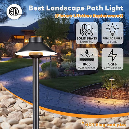 Gardenreet 12v Landscape Lighting Brass - Low Voltage Pathway Lights IP65 Waterproof, Hard-Wired Path Light Outdoor, Mushroom-top Black for Exterior Area Patio House G4 Bulb Not Included (4 Pack)