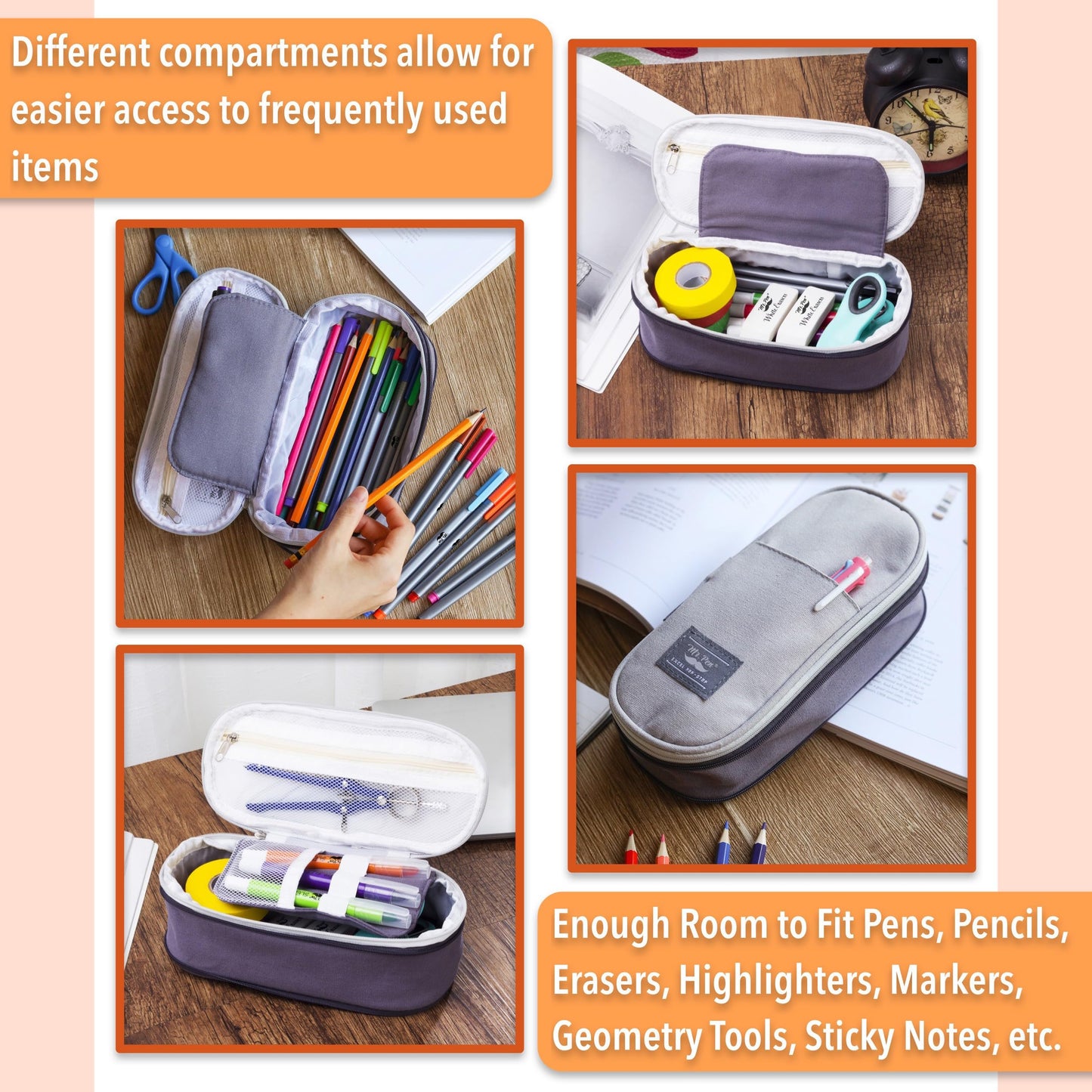 Mr. Pen- Pencil Case Large, Fabric Pencil Pouch Large, Grey, Pen Bag, School Supplies, Pencil Pouch Cute