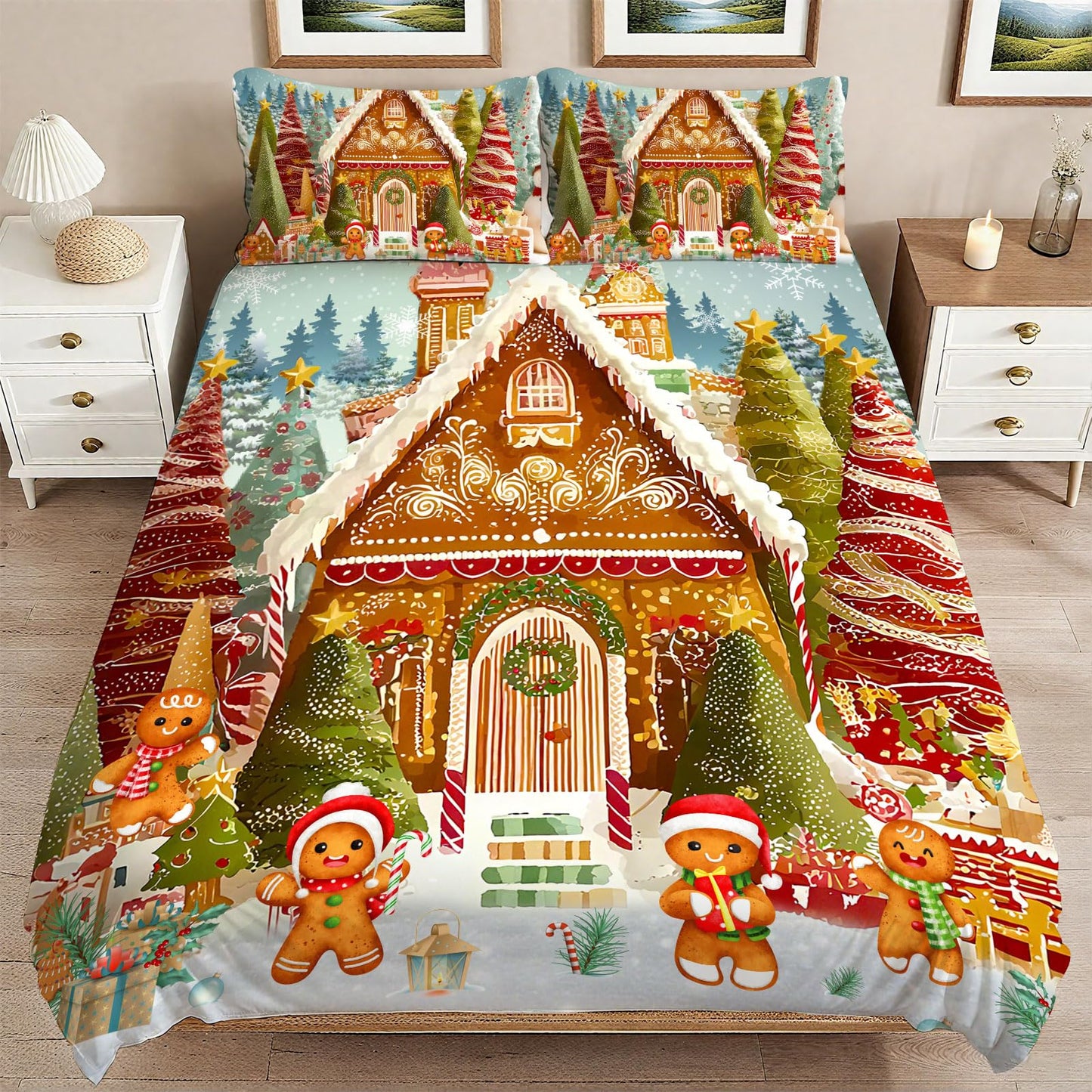 Yopiiefa Christmas Gingerbread Man Bedding Set 3 Pieces Soft Comforter Cover Twin Size with 2 Pillowcases 1 Duvet Cover for Men Women Bedroom