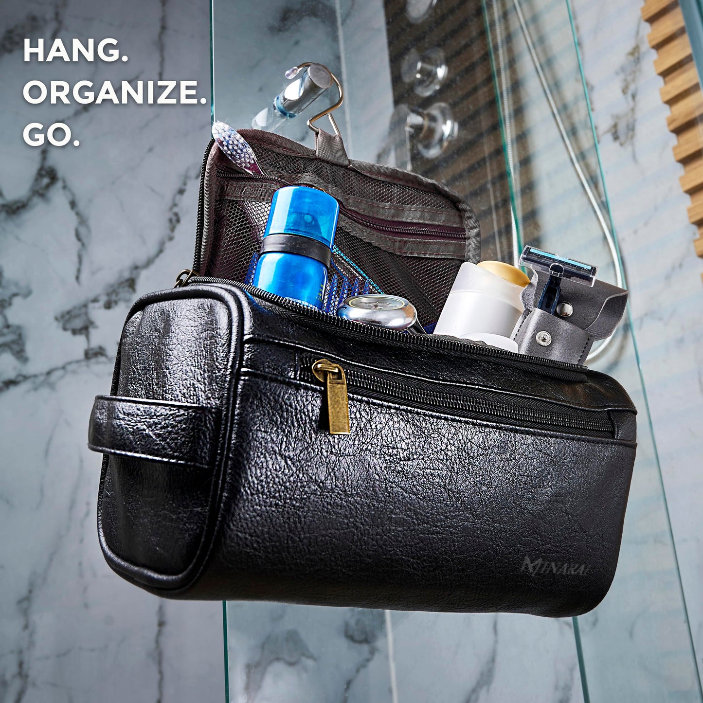 MINARAI Mens Toiletry Travel Bag with Razor Case & Dust Bag – Premium PU Leather Organizer with Hanging Design and Structured Storage – Mens Toiletry Bag for Travel, Gym, and Everyday Gift–BLACK