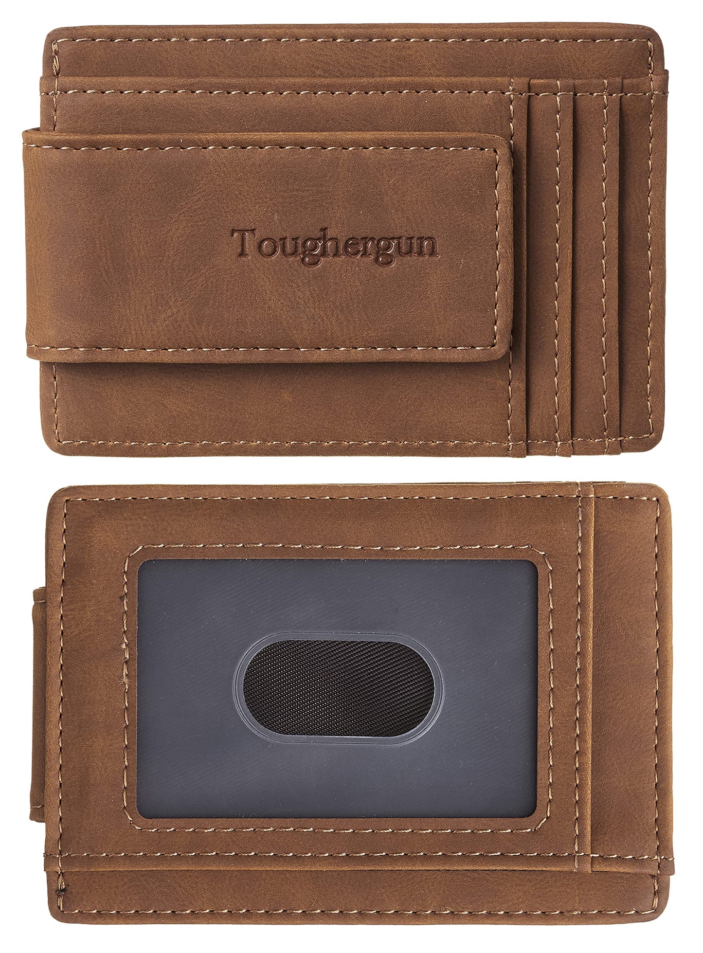 Toughergun Slim Wallet for Men RFID Blocking Money Clip, Minimalist Front Pocket Credit Card Holder, Magnetic Thin Mens Wallets with ID Window(Deep Brown)