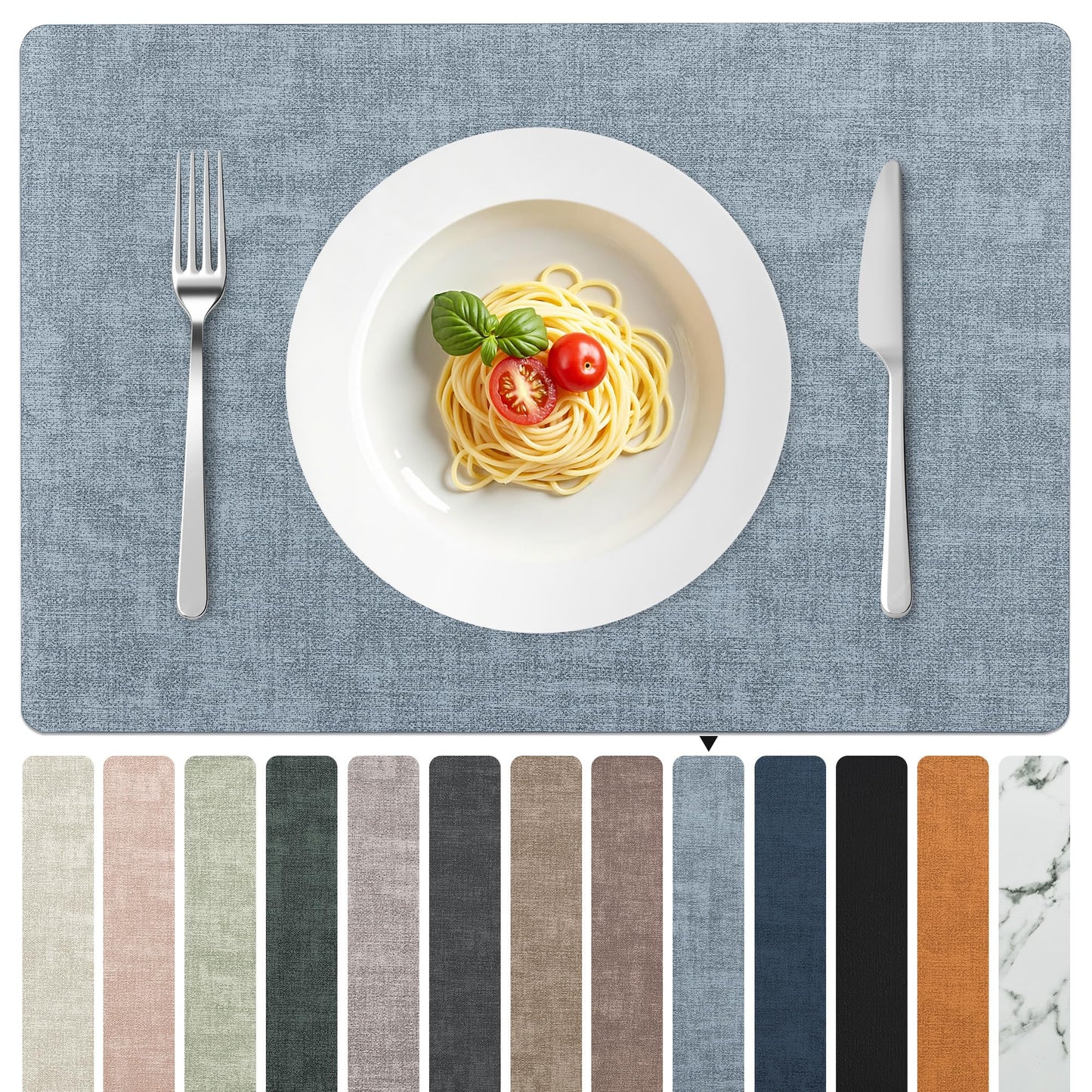 FROMHEART Faux Leather Placemats Set of 6–Waterproof,Heat/Oil Stain-Resistant PU Table Mat–Reversible,Non-Slip,Easy to Clean Place Mats for Kitchen,Dining,Indoor/Outdoor,(Light Blue,11.8" x 17")