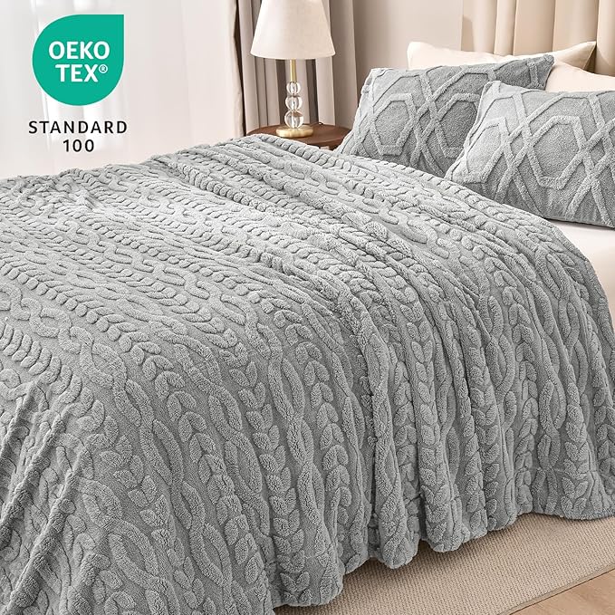 PHF Fluffy Sherpa Blanket Twin Size for Winter, Warm and Soft, 510GSM 3D Jacquard Thick Shaggy Fleece Plush Blanket for Sofa Bed, Grey, 60"x80"