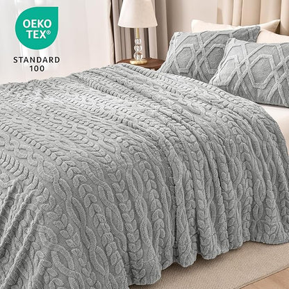 PHF Fluffy Sherpa Blanket Twin Size for Winter, Warm and Soft, 510GSM 3D Jacquard Thick Shaggy Fleece Plush Blanket for Sofa Bed, Grey, 60"x80"
