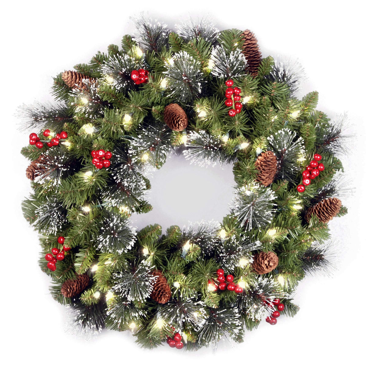 National Tree Company 24 in Pre-Lit Crestwood Spruce Artificial Christmas Wreath, Christmas Decoration with Glitter, Pinecones, Red Berries, 50 Warm White LED Lights, 160 Tips, Timer, Green