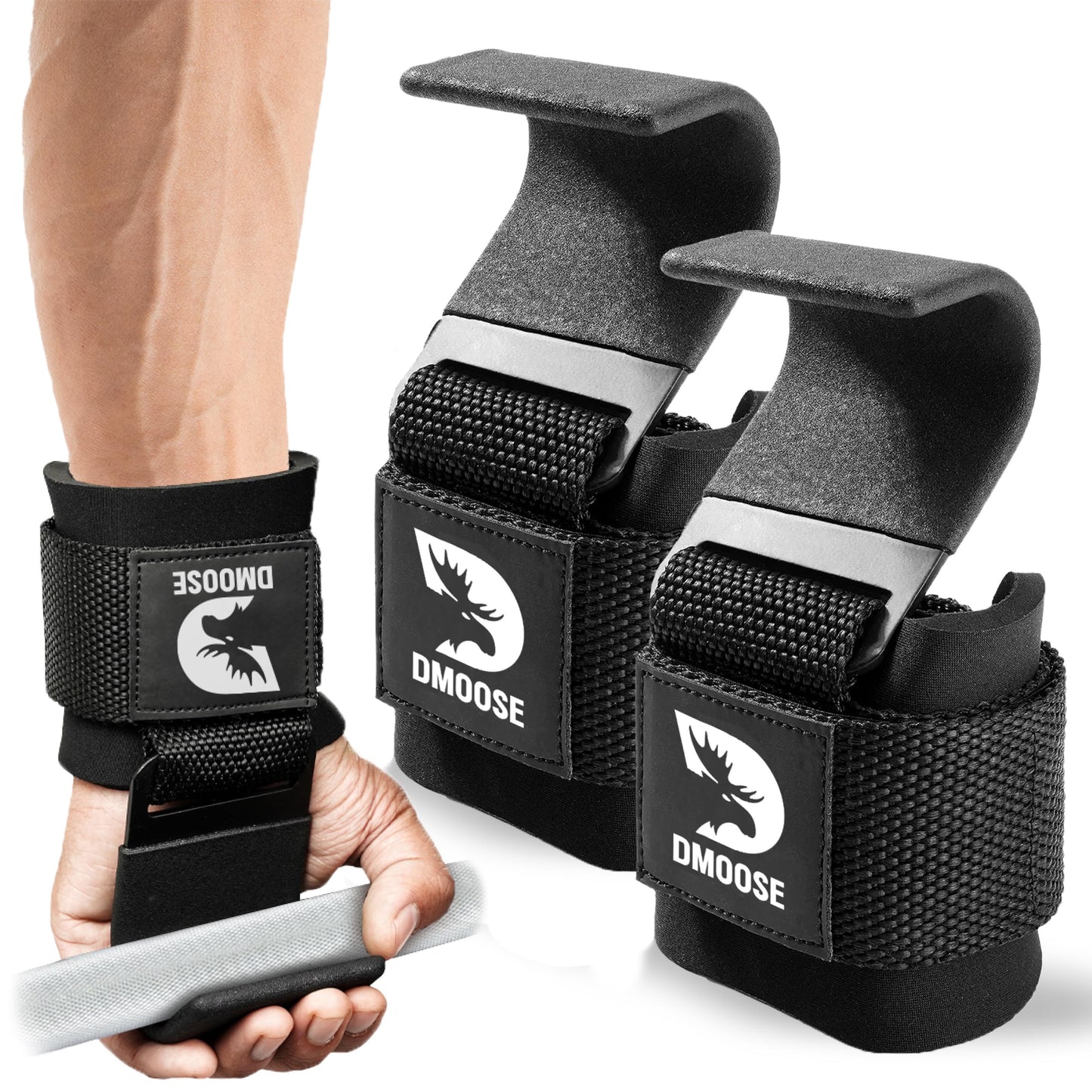 DMoose Fitness Weight Lifting Hooks (Pair) for Deadlifts, Pull Ups & Shrugs - 500 Lbs Capacity, Thick Wrist Padding - Heavy Duty Gym Workout Grips Straps for Men and Women