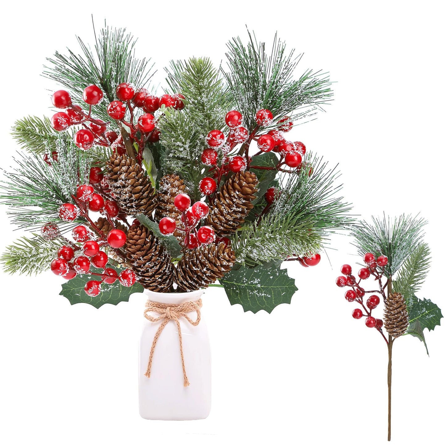 Sggvecsy 6 Pack Snow Frosted Christmas Berries Pine Picks Artificial Red Berry Pine Branches Frosted Faux Pine Stem with Pine Cones Holly Berry Leaves for Xmas Tree Wreath DIY Craft Holiday Decor