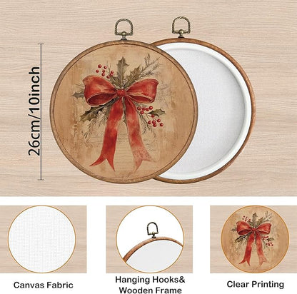 KSDUT Christams Wall Decor Art - Vintage Xmas Bow Wall Art Canvas Frame Hanging Prints, Retro Rustic Holiday Round Wall Art Decor for Home Bedroom Decorations 10"x10"