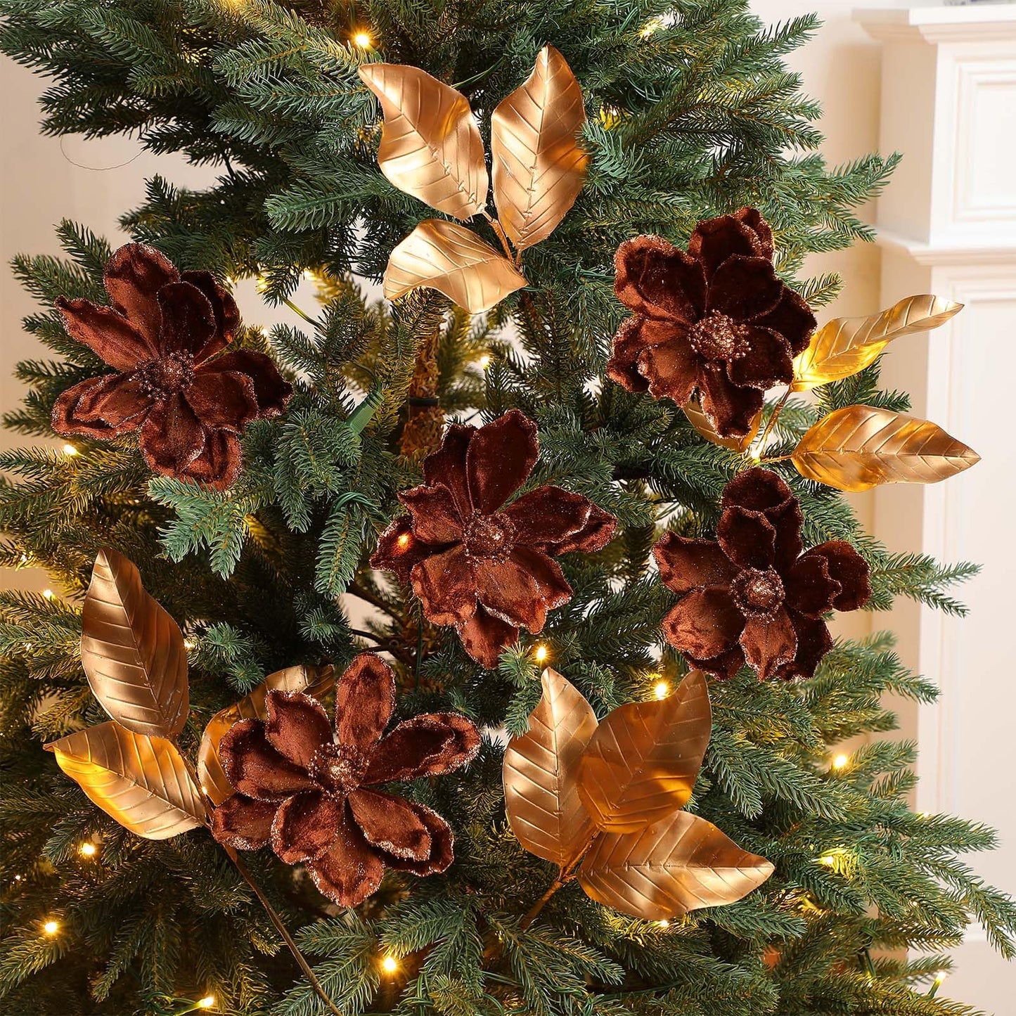 Thiccywoov 12 Pcs Christmas Magnolia Picks Set 6 Magnolia Flower 6 Golden Leaves Picks Glitter Artificial Flower for Christmas Tree Wreath Decor Floral Ornaments for Xmas Party Holiday(Brown)