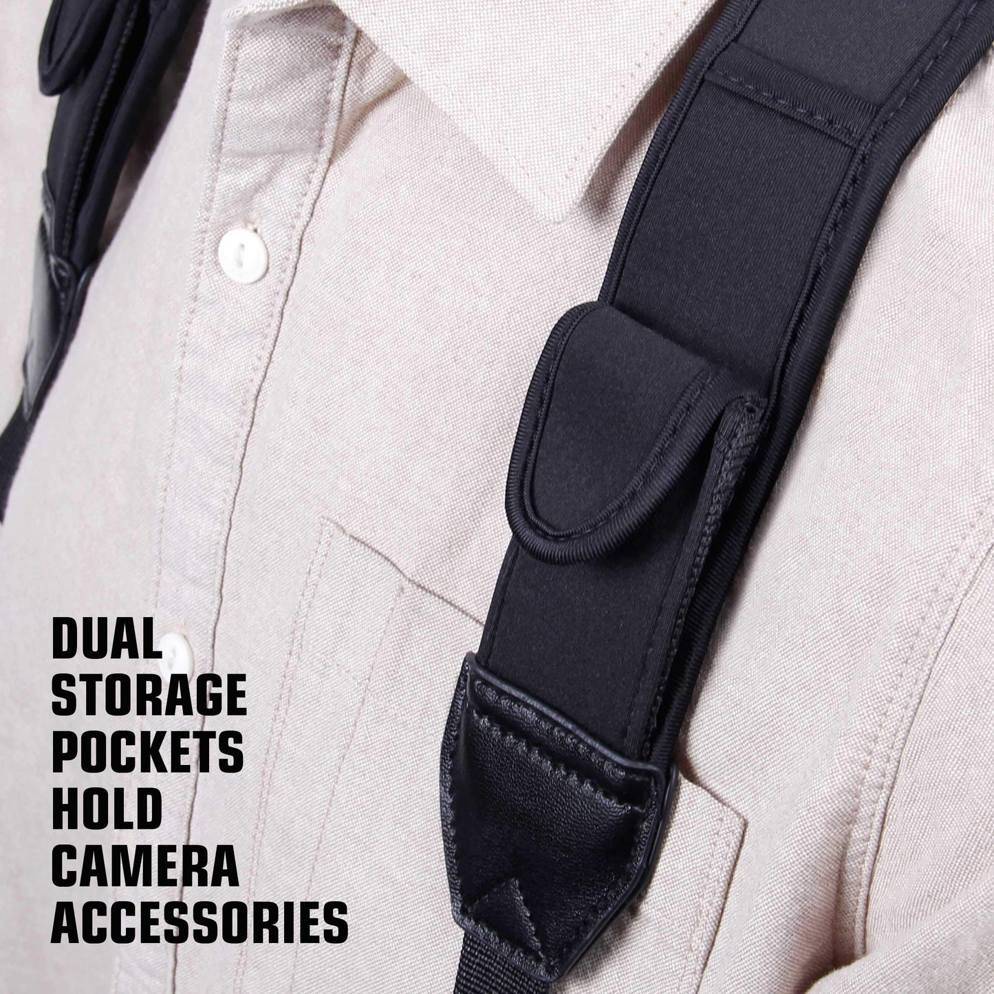 USA Gear DSLR Camera Strap Chest Harness with Quick Release Buckles, Black Neoprene Pattern and Accessory Pockets - Compatible with Canon, Nikon, Sony and More Point and Shoot and Mirrorless Cameras