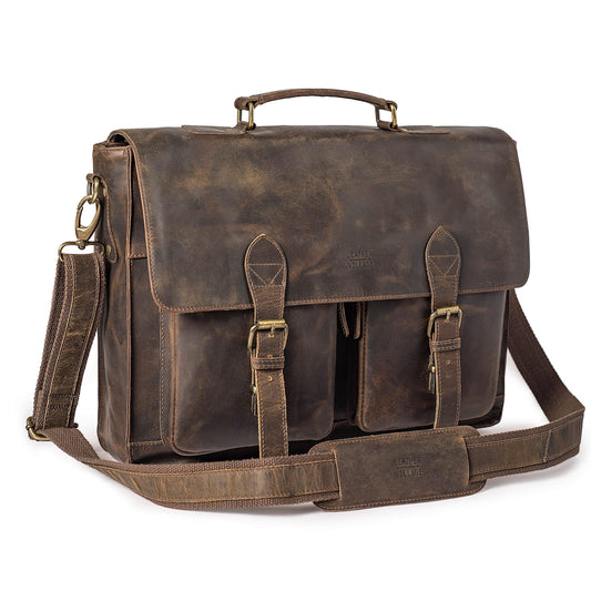 LEATHER VILLAGE Rustic Leather Messenger Bag – Handmade 16” Laptop Satchel Briefcase for Men & Women – Vintage Crossbody Shoulder Bag for Work, Office, Travel with Padded Compartment – Brown