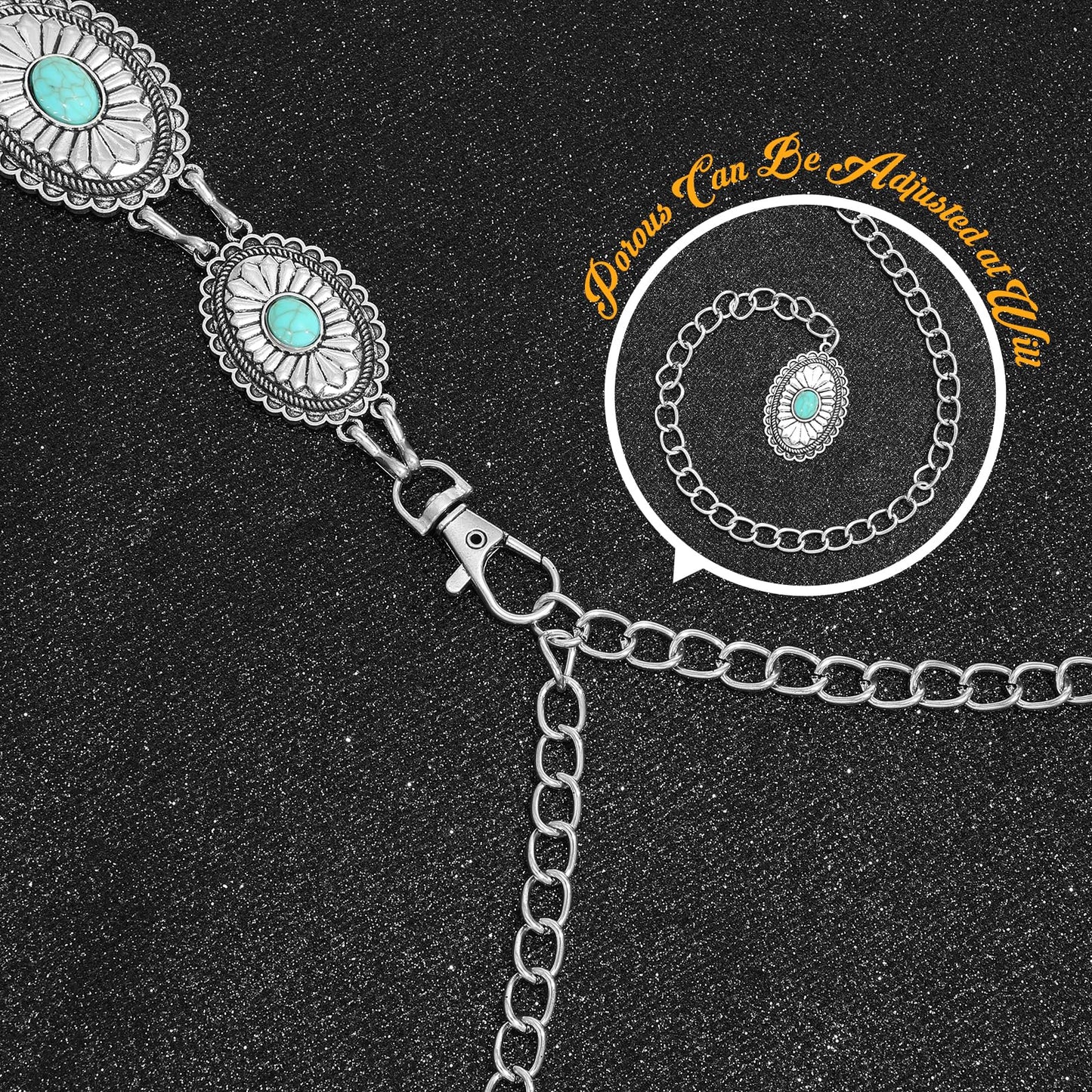 SANSTHS Western Metal Concho Belt for Women, Waist Chain Cowgirl Belt for Dresses Pants Jeans with Silver Chain, green gem S