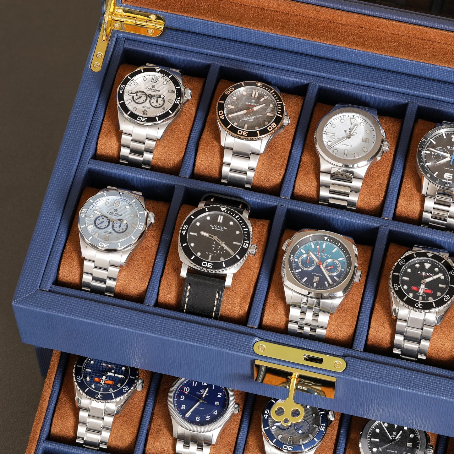 ROTHWELL 20 Slot Leather Watch box - Luxury Case Display Jewelry Organizer, - Locking Display Case Holder with Large Real Glass Top - Watch Box Organizer for Men and Women (Blue/Tan)
