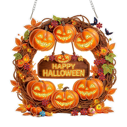 Eiflow Diamond Art Hanging Kit for Adults Halloween Wreath, DIY Diamonds Pearl Painting Door Hanger Board Kit, Special Crystal Diamond Art Painting Pendant Ornament (Happy Halloween)