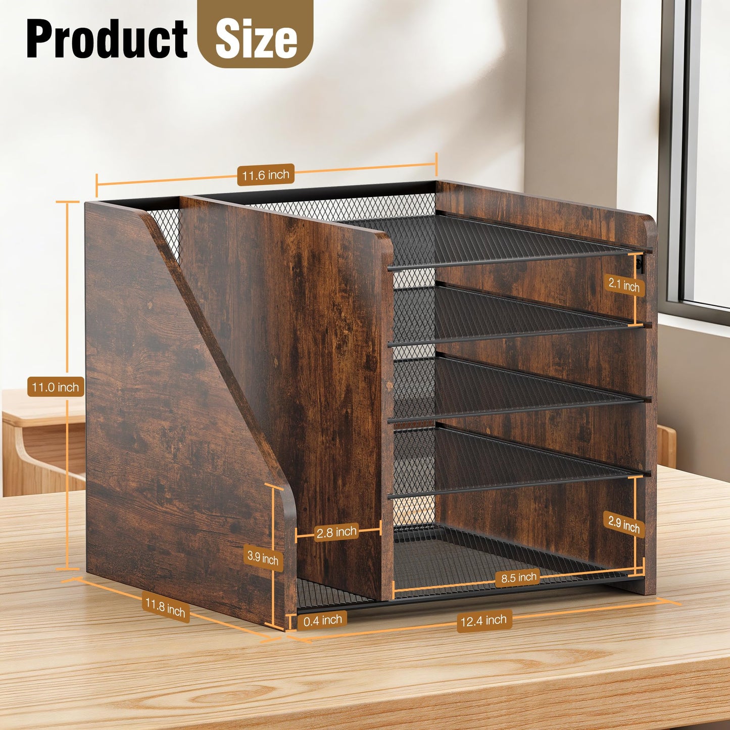 Desktop Storage with File Rack, 5-Layer Paper Letter Tray Storage, mesh Desktop Storage, and Storage Device with Office Supplies and Magazine Rack-Wood Grain
