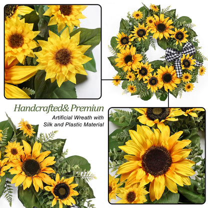 24 Inch Large Sunflower Spring Summer Wreath for Front Door, All Season Wreath with Bow Wreaths for Unique Housewarming Gift, Porch Wall Farmhouse Home Wedding Holiday Decor