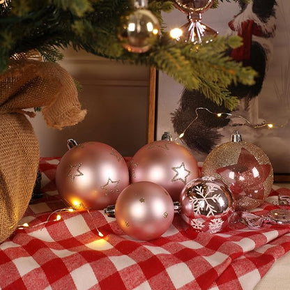 Alupssuc 65pcs Christmas Balls Ornaments Set, Shatterproof Plastic Baubles Gingerbread House, and Tree Topper for Xmas Tree Holiday Wedding Party Decorations with Hanging Strings, Gold & Pink
